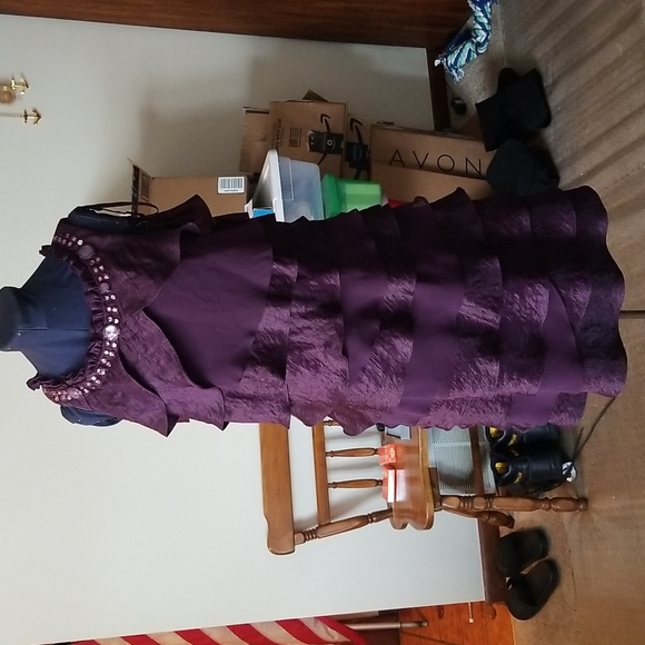 S.L. Fashions Dresses & Skirts - Sleeveless eggplant/plum ruffled dress with jeweled neckline